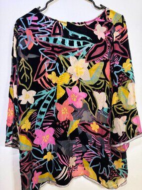 Johnny Was Floral Velvet Burnout Sheer Top Blouse